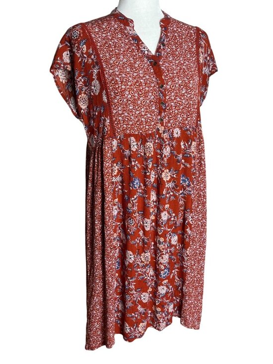 Knox Rose Dresses & Skirts - Rust Mixed Florals Dress Midi Boho Flowy Relaxed Cottage Prairie Pockets Women S